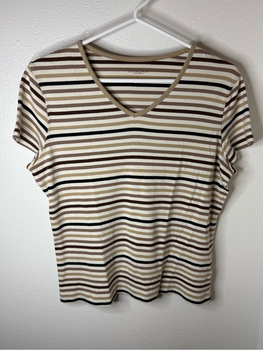 Sonoma Striped V-Neck Short Sleeve Tee in Beige, Brown and Dark Brown - L